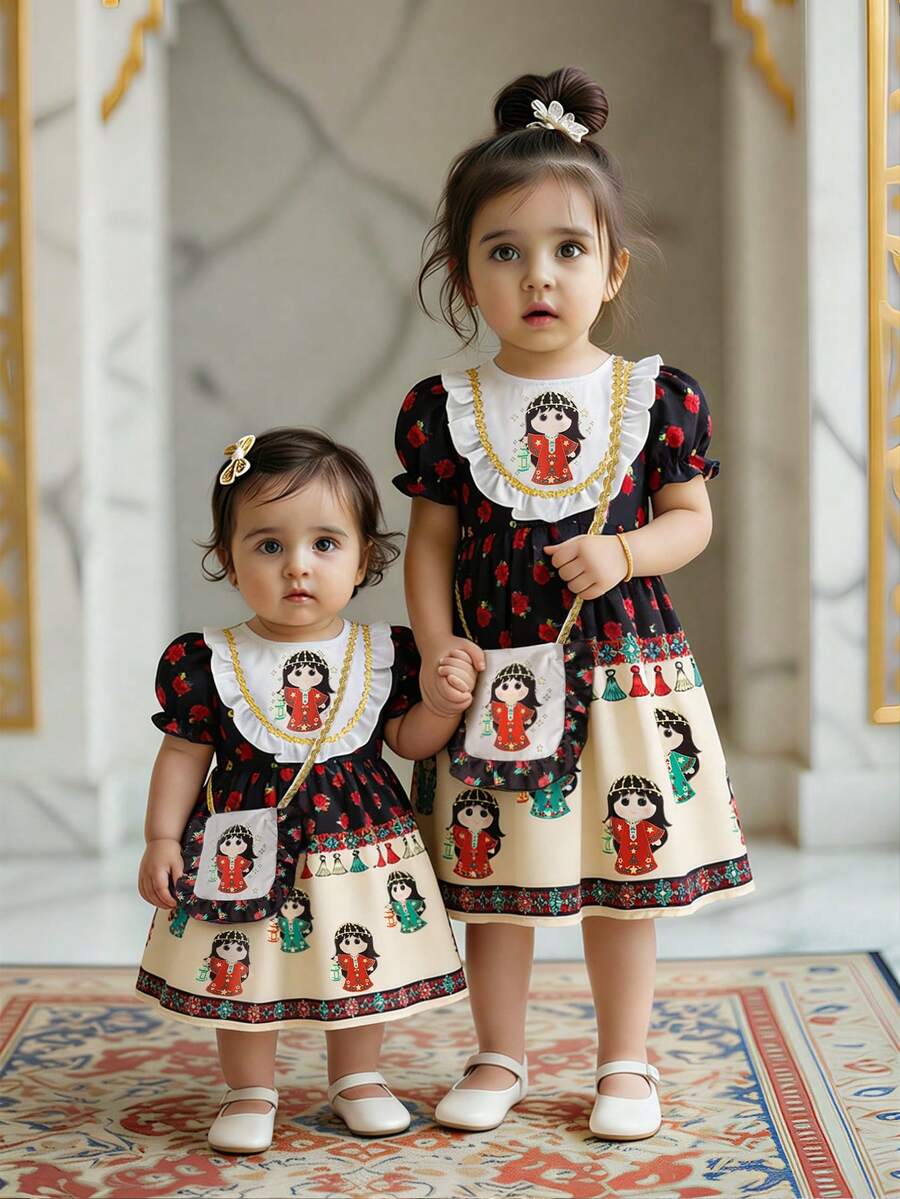 1pc Baby Girl Ruffled Sleeve Dress With Floral Print, Matching Bag, Cartoon Middle Eastern Girl Print Blue Jalabiya - Multicolor - View 1