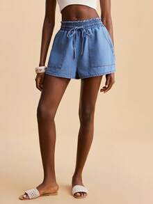 Travachic 女士纯色休闲牛仔短裤 - 淺色水洗藍 - 查看 5