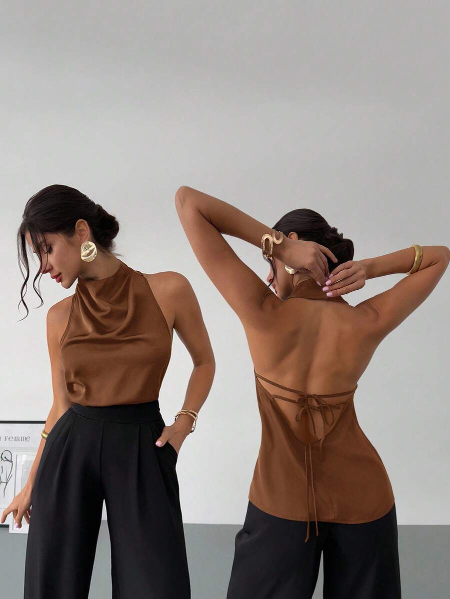Firerie 春夏新款优雅休闲通勤复古现代不对称领无袖挂脖露背蝴蝶结装饰修身黑色通勤衬衫 - 咖啡棕 - 查看 1