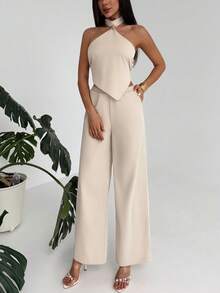 Aloruh Conjunto de 2 piezas elegante y ajustado para mujer, atuendo minimalista para el viaje diario - Albaricoque - Ver 9