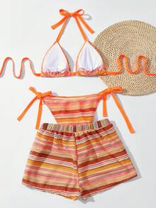 SHEIN Swim Curve Bộ đồ bơi 3 mảnh cỡ lớn dành cho nữ, áo bikini tam giác kẻ sọc có dây rút kèm quần ống rộng, đồ bơi gợi cảm cho kỳ nghỉ biển. - Nhiều màu - Xem 2