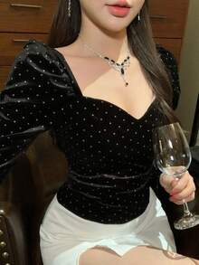 DAZY Women's Elegant Polka Dot Sweetheart Neck Fitted Blouse, Autumn - Black - View 4