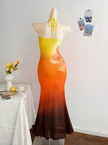 Soleia Women's Romantic Sunset Ombre Elegant 3D Flower Halter Tie Dress, Suitable For Vacation