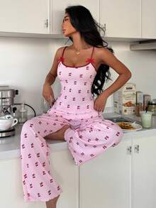 SHEIN 2pcs Contrast Trim Camisole & Bowknot Cherry Print Women Knit Pajama Set - Multicolor - View 6