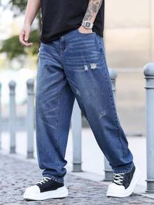 Manfinity Homme Men's Casual Fashion Street Distressed Denim Jeans, Suitable For Daily Commute - Medium Wash - View 1