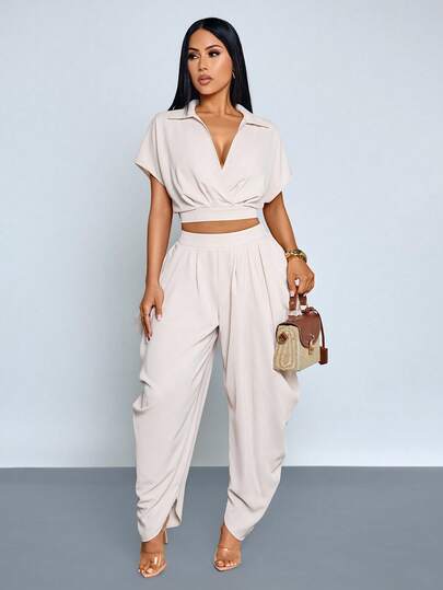 SOLERSUN Women's Elegant Stylish Apricot V Neck Cropped Ruched Short Sleeve Blouse With Gold Buttons & High-Waisted Pocket Draped Harem Pleated Pocket Pants Two Pieces Set For Women,Elegant Office & Casual Outfit