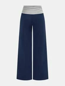 Tween Girls' Casual Contrast Foldover Waist Wide Leg Sweatpants, Spring/Summer Back To School Season - Navy Blue - View 3