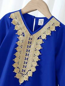 SHEIN Đầm dài tay dáng rộng thanh lịch và dễ thương màu đỏ cổ điển trang trí ruy băng vàng cho bé gái. - Màu xanh lam - Xem 5