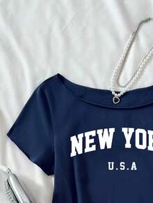 SHEIN Tween Girls Knit Asymmetrical Shoulder Loose Short Sleeve Letter Print Sporty Casual Cropped Top T-Shirt - Navy Blue - View 3