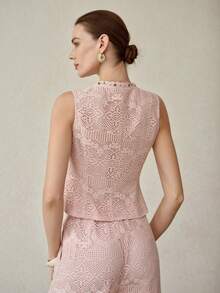 MOTF PREMIUM FASHIONABLE & ELEGANT CUSTOM-MADE SLEEVELESS VEST, LIGHTWEIGHT LUXURY LACE BEADED TRIM V-NECK FITTED VEST, SPRING/SUMMER - Pink - View 4