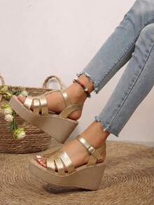 Sandalias de plataforma casual alto 5 en piel sintetico - Oro rosa - Ver 1
