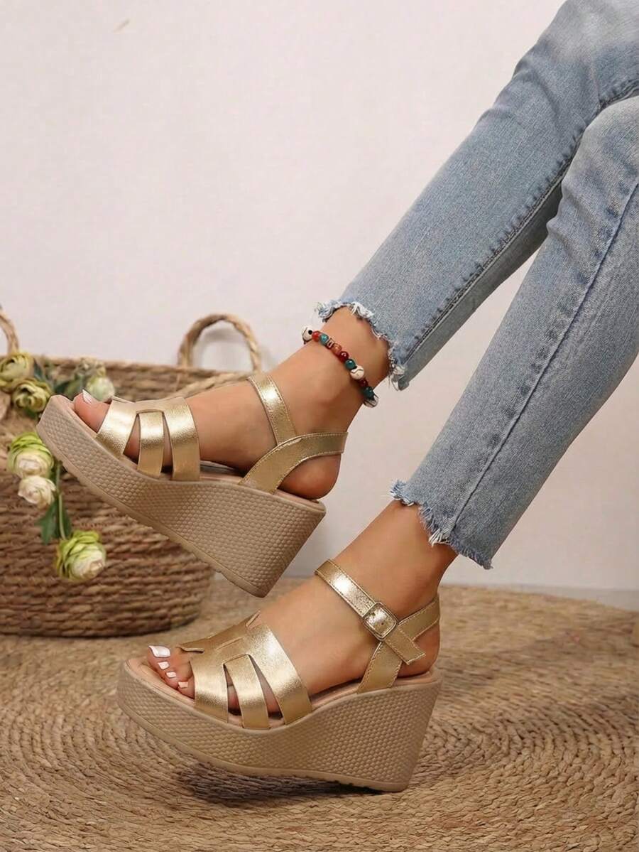 Sandalias de plataforma casual alto 5 en piel sintetico - Oro rosa - Ver 1