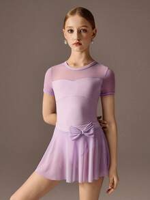 SHEIN TWEEN Girls Ballet Leotard, Lavender Mesh Splice Short Sleeve Bodysuit, Fitted Waist Comfortable Stretch Soft Fabric, Suitable For Dance, Yoga, Ballet Activewear - Baby Pink - View 5