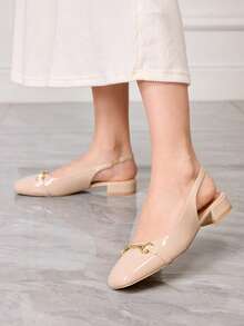 Sleekvia 女鞋方头，短粗跟，杏色金属扣，经典时尚基础款，舒适通勤，百搭工作、购物，女士平底鞋，情人节露跟鞋 - 奶茶杏 - 查看 7