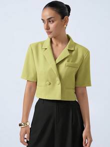 Aveloria Modichic Nueva chaqueta de mujer con diseño de espalda cruzada, cuello de solapa, cintura corta y mangas cortas, de tela texturizada, con estilo minimalista, elegante, sofisticado y vintage, de lujo - Verde - Ver 5