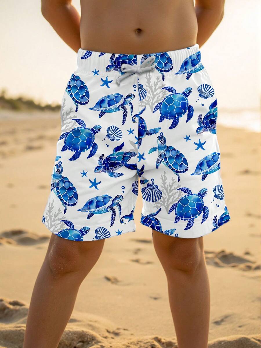 SHEIN Tween Boy Casual Loose Printed Beach Pants, Suitable For Summer, Beach, Outdoor, Swimming, Classic Cool Gradient Turtle, Coral Pattern Print