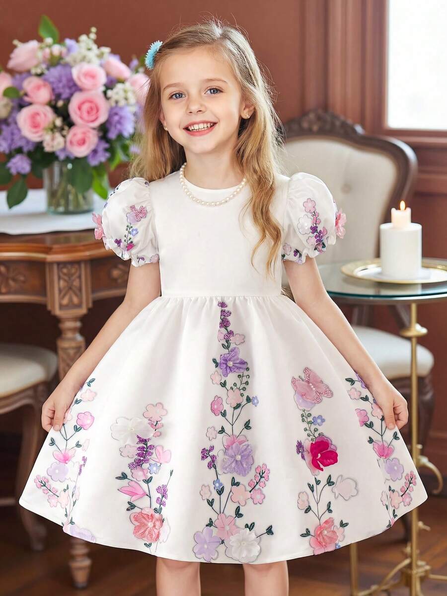 SHEIN 1件装 女孩夏季新款婚礼仪式少女3D蝴蝶生日派对花童表演泡泡袖公主裙 - 白色 - 查看 1