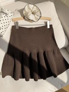 Comfortcana Falda de punto de unicolor informal de talla grande - Marrón - Ver 6