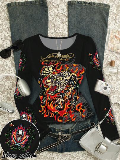SHEIN Camiseta de manga larga casual de cuello redondo con estampado de letras y tigre para mujer