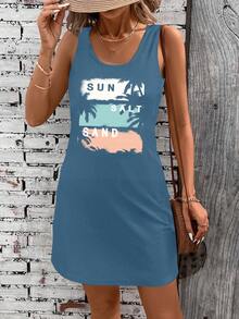 SHEIN LUNE 阳光、日落、沙滩、棕榈树图案圆领无袖休闲连衣裙，适合夏季穿着 - 霧霾藍 - 查看 4
