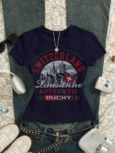 Glimmora Women's Letter Print Short Sleeve Casual Versatile Round Neck T-Shirt