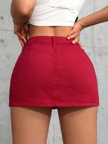 SHEIN Tall Women's Casual Versatile Denim Skorts With Waist Button Design - Red - View 2