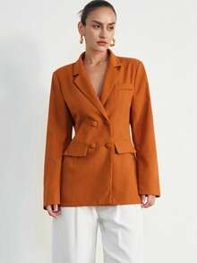 Aveloria Modichic Vintage French European Style Double-Breasted Lapel Collar Blazer - Coral Orange - View 4