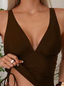 Swim Basics Women Solid Drawstring Side Tank Top & Brief Tankini Swimwear Set Summer Beach - Brown - View 4