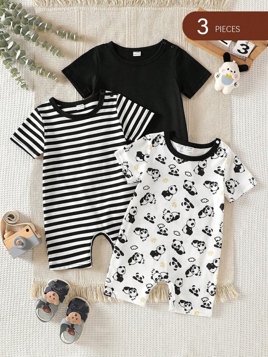 SHEIN 3件套幼儿男童可爱印花+条纹+纯色柔软舒适连体衣套装,适合居家、户外运动、派对等场合。 - 黑與白 - 查看 1