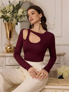 Modelyn Áo nữ dáng dài ôm sát, tối giản, thiết kế khoét vai, xoắn chéo, bất đối xứng, thanh lịch, phù hợp cho công sở. - Màu Đỏ Sâu - Xem 1