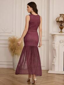 Modelyn Damen elegantes Midi-Kleid mit Polka-Dot-Muster und Schlitz, Sommer - tiefrot - Übersicht 2