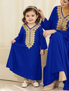 SHEIN Đầm dài tay dáng rộng thanh lịch và dễ thương màu đỏ cổ điển trang trí ruy băng vàng cho bé gái. - Màu xanh lam - Xem 9