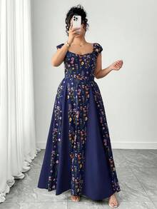 Elenzga Đầm tay ngắn phối màu, kiểu patchwork, cỡ lớn - Màu xanh lam - Xem 3