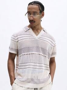 SUMWON Lightweight Open Knit Short Sleeve V-Neck Polo Shirt Summer Casual Vacation Beach Textured Pullover - Beige - View 6