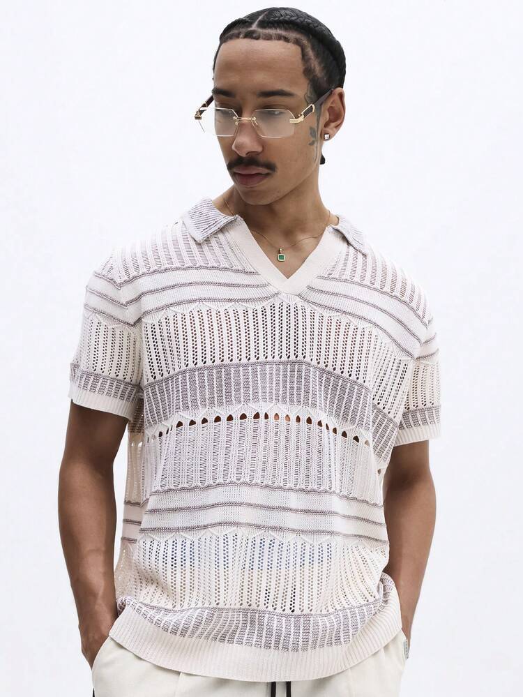Polo à col en V en maille ajourée