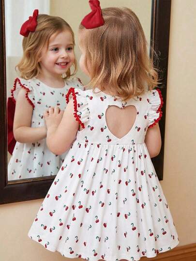 SHEIN 女宝宝可爱休闲夏季度假针织樱桃图案心形镂空短袖连衣裙