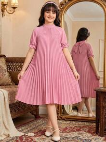 Tween Girl Spring/Summer Casual Vacation Commute Elegant Pleated Full Skirt Raglan Sleeve Back Large Bow Decor Short Sleeve Woven Solid Color Dress Pink Tween Girl - Pink - View 3