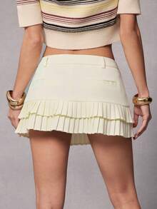 Hauture Pleated Ruffle Hem A-Line Mini Skirt - Beige - View 6