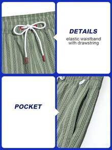 Manfinity Swimmode Men's Striped Casual Elastic Waist Drawstring Beach Shorts, Summer - Army Green - View 7