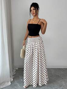 Elenzga 女士夏季新款通勤百搭宽松高腰优雅显瘦波点抽绳杏色半身裙 - 杏色 - 查看 6