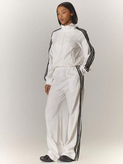 MUSERA High Neck Contrast Stripe Binding Zip Through Jacket Tracksuit Top Only Cute Back To School Casual Work Streetwear Sporty Work Wear Corporate Run ,Elegant Y2k Spring