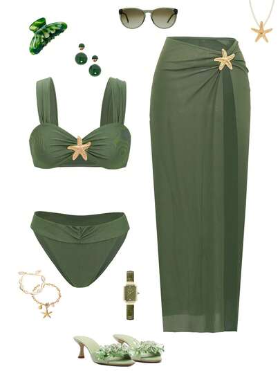 Swim Oasis New Solid Color Fashionable Shiny Sexy 3 PiecesSwimsuit Set With Cover-Up For Women