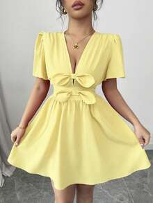 Elenzga Đầm ngắn cổ chữ V thanh lịch dành cho nữ, điểm nhấn là nơ. - Màu vàng - Xem 5