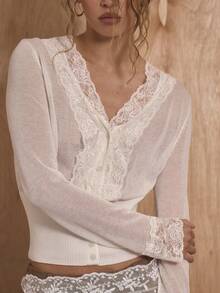 MUSERA V Neck Lace Trim Cinched Waist Button Through Cardigan Winter NewYear Cute Sexy Going Out Evening Party Accented Valentines Day - Cream - View 2