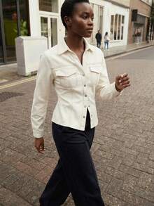 Maija 女士时尚休闲单排扣长袖牛仔衬衫 - 杏色 - 查看 2