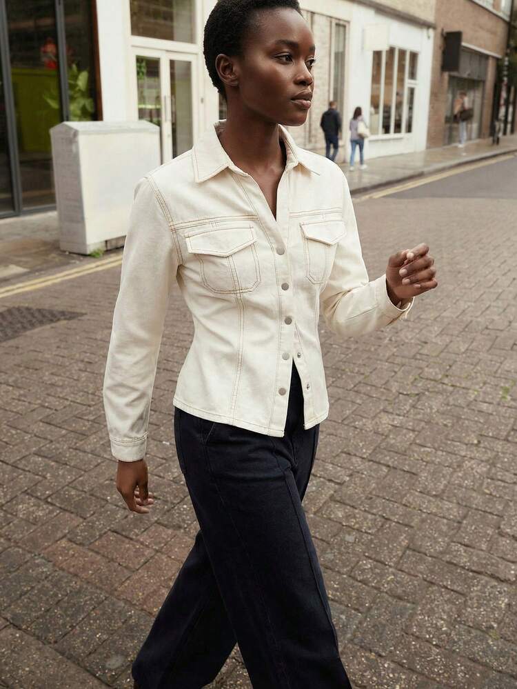 SHEIN Maija 여성 패셔너블 캐주얼 싱글 브레스트 긴소매 데님 셔츠