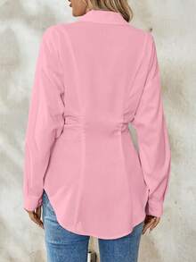 SHEIN Tall 女款法式優雅通勤前開扣休閒長袖襯衫，適合高個女性 - 粉色 - 查看 2