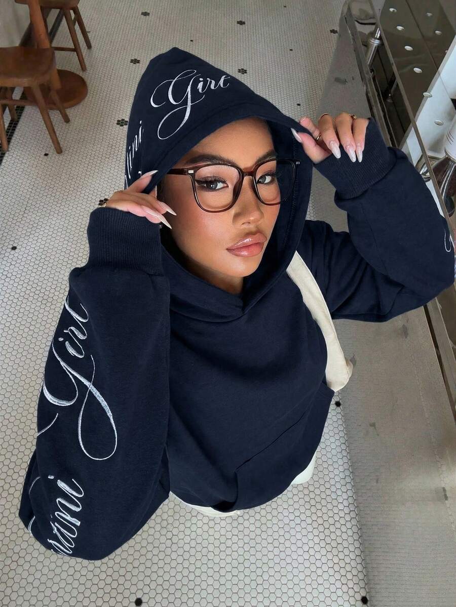 Muchica Women's Navy Blue Knitted Fabric Graphic Hooded Pullover Sweatshirt With Drop Shoulder Wrist-Length Sleeves Letter Pattern And Zipper Details Casual Long Sweatshirt Women Sweatshirts Y2k Women Hoodies Hoodie Hoodies Y2k Women's Hoodie Cropped Hoodie - Navy Blue - View 1