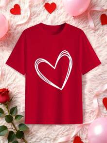 Manfinity Homme 男士情人节爱心印花圆领短袖T恤，情人节礼物，休闲简约情人节T恤 - 紅色 - 查看 4