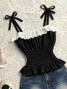 SHEIN 女士拼接彩色刺绣荷叶边设计时尚百搭休闲上衣 - 黑色 - 查看 2